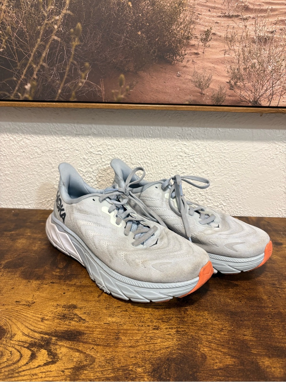 Hoka One One Women’s Light Gray Running Shoes with Orange Toe Accent